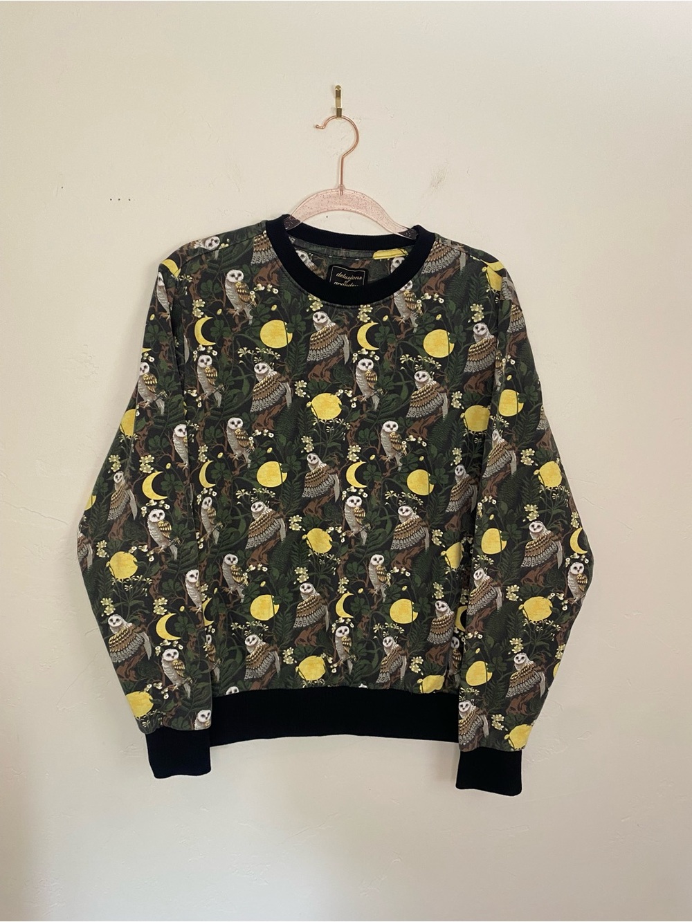 Men’s Medium Delusions of Grandeur Green Owl & Moon Print Crewneck Sweatshirt
